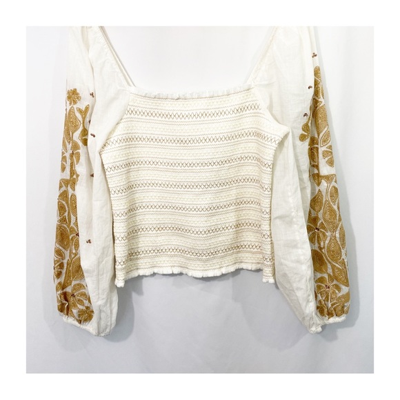 Anthropologie Neutral Smocked Embroidered Ballon Sleeve Blouse Top - Picture 5 of 12